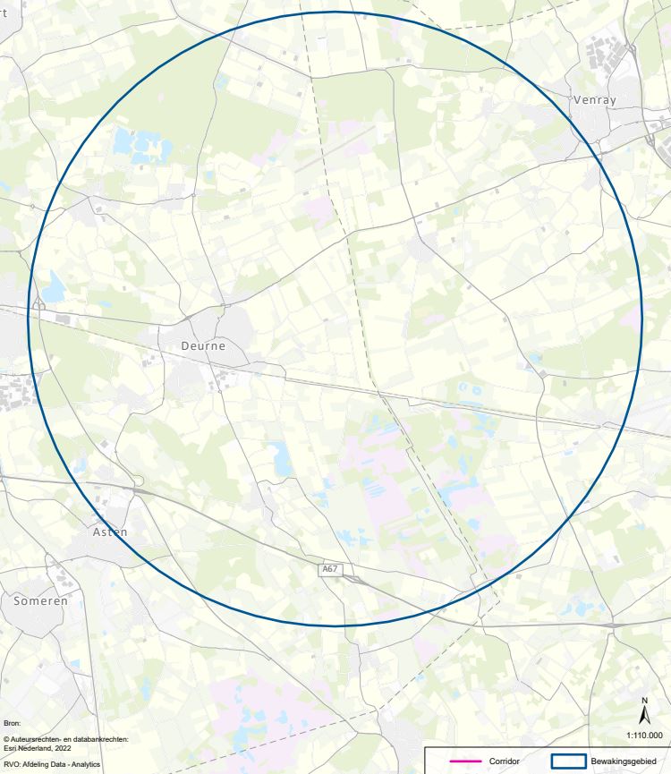 Kaart met de 10 km zone om het bedrijf met vogelgriep in Deurne.
