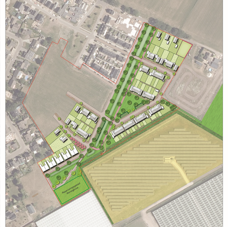 Plattegrond met arcering van plangebied en invulling van het plan