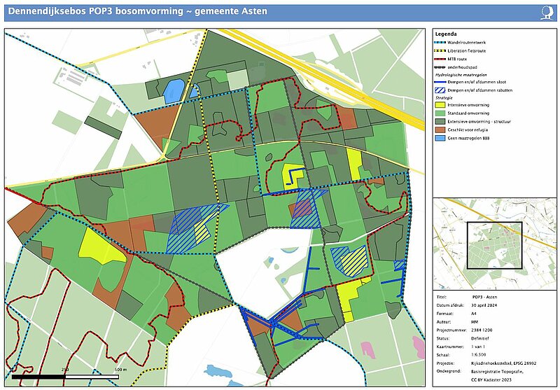 Overzichtskaart van omvormingsactiviteiten Dennendijkse bossen