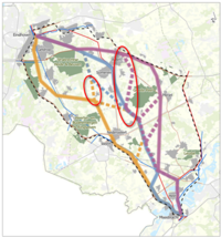 Kaart van regio Eindhoven tot Maasbracht met de verschillende routes voor het traject van het hoogspanningsnet.