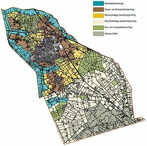 Kaart van de gemeente Asten met de vijf landschapstypen in kleur aangegeven