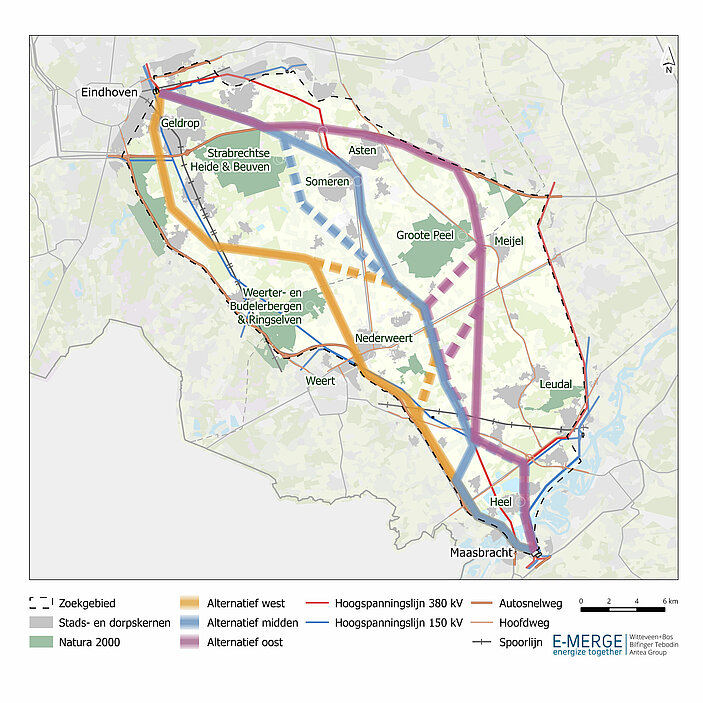 Kaartje zoekgebied route hoogspanningslijn Maasbracht-Eindhoven
